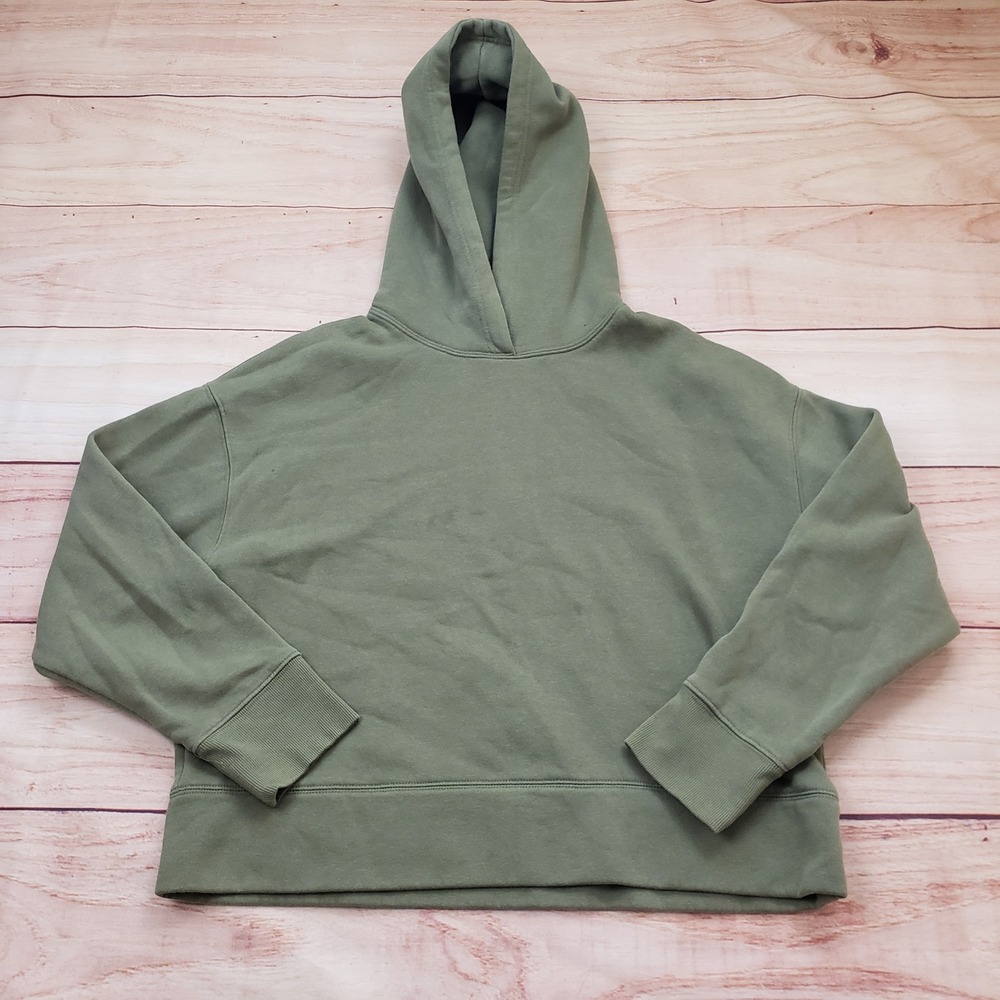 Zara Oversized Cropped Hoodie Womens M Olive Green Fleece Pullover Sweatshirt
